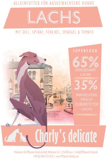 charlys delicate Superfood | Schottischer Lachs mit Dill, Spinat, Fenchel, Spargel & Tomate | getreidefreies Hundefutter | 12 kg